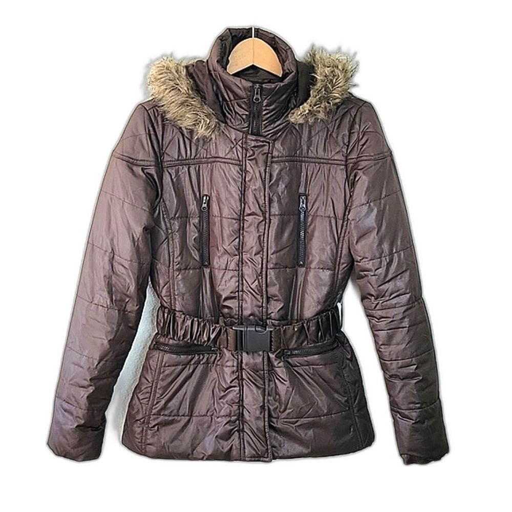 2B BEBE Brown Quilted Puffer Jacket Faux Fur Hood Belted Waist size M